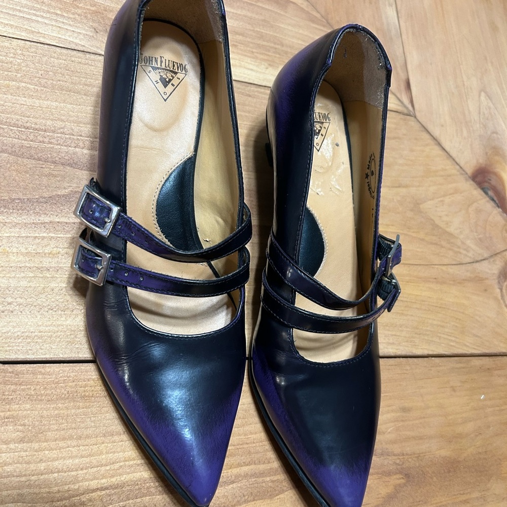 John Fluevog Black and Purple Double-Strap Heels
